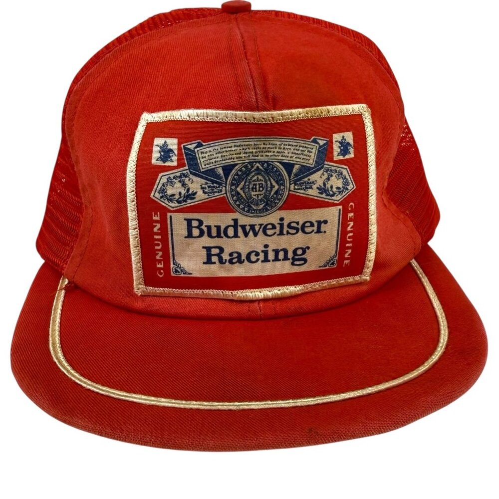 VTG Genuine Budweiser Racing Trucker Hat Red Mesh Snapback Patch Flat Bill USA